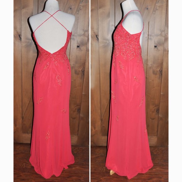 Precious Formals Coral Sequin Beaded Sexy Backless Formal Evening Gown Silk - Picture 4 of 9